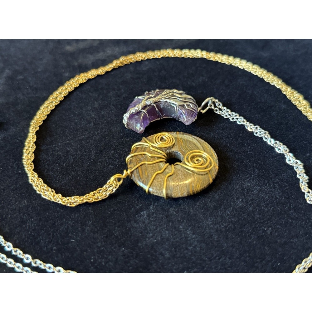 Artist Wire Wrapped Amethyst Crescent & Tiger Eye Celestial Necklace Set